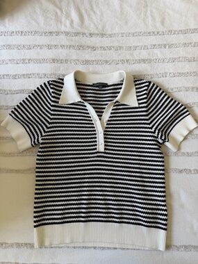 Adrianna Papell Black & White Striped Polo Knit Top
